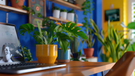 A stylish home office scene featuring a laptop on a wooden table surrounded by vibrant indoor plants. The bright walls and artistic shelves create a cozy and inspiring workspace atmosphere, perfect for remote work or creative endeavors.の素材