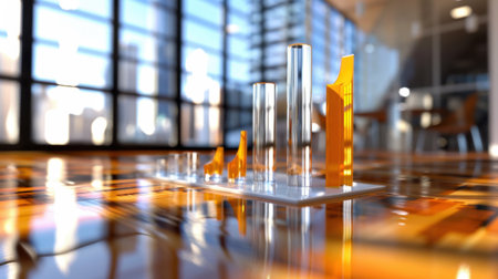This image features an abstract 3D visualization of business growth, displaying transparent and orange graph elements in a modern workspace environment.の素材