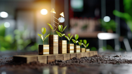This image illustrates the concept of growth and sustainability, featuring wooden bars that symbolize progress, complemented by vibrant green plants in a modern office setting.の素材