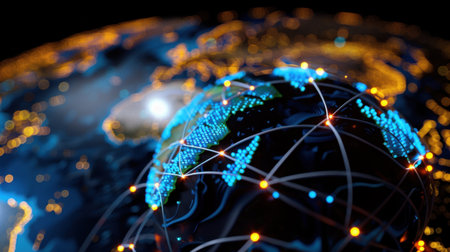 This vibrant image showcases a globe with illuminated continents and intricate network lines, symbolizing global connectivity, technology, and communication advancements.の素材