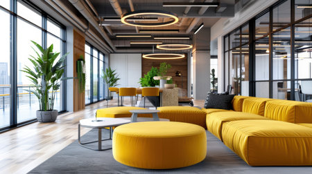 This image showcases a modern office interior featuring vivid yellow furniture, natural light, and greenery, creating an inviting workspace for collaboration.の素材