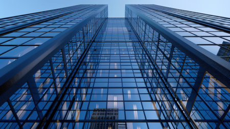 Stunning view of a modern skyscraper with a glass facade reflecting a clear blue sky. This image captures urban architecture and dynamic design elements.の素材