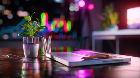 A modern workspace featuring a sleek laptop and a small potted plant on a stylish desk. Soft, colorful lights illuminate the background, creating a vibrant atmosphere that enhances creativity and focus. Ideal for showcasing contemporary work environments.の素材