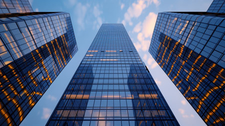 This captivating image showcases towering modern skyscrapers reaching towards a blue sky, reflecting clouds and creating a stunning urban landscape.の素材