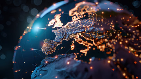 Stunning view of illuminated Europe on a globe, showcasing vibrant city lights against a dark background, symbolizing global connections and exploration.の素材