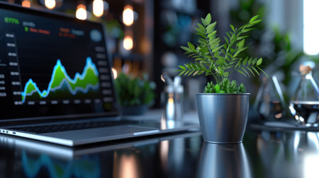 A stylish modern workspace featuring a laptop with financial charts, a vibrant plant, and a productive atmosphere, perfect for business and creativity.の素材