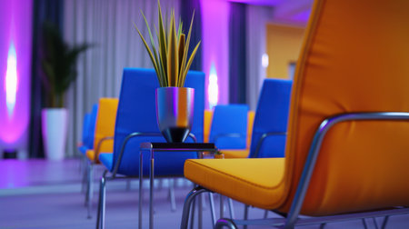 A modern conference room featuring vibrant colored chairs arranged around a sleek table with a decorative plant, illuminated by colorful lighting.の素材