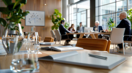 A modern business meeting takes place in a stylish office setting, showcasing professionals engaged in discussion. Bright daylight filters through large windows, enhancing the atmosphere.の素材