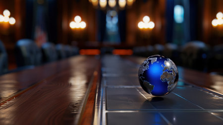 A stunning blue globe sits prominently on a polished wooden conference table, reflecting warm lighting in an elegant meeting room perfect for business discussions.の素材