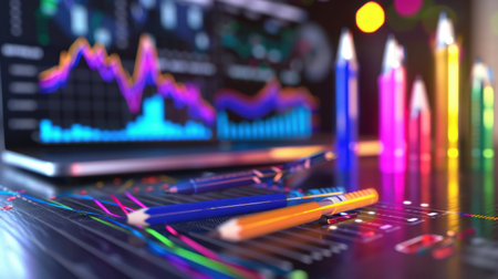 Vibrant pencils lie on a desk beside a laptop displaying glowing graphs, depicting the fusion of creativity and data analysis in a modern workspace.の素材