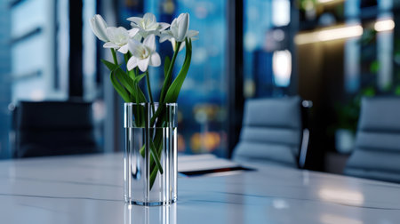 A stunning floral arrangement features delicate white flowers in a sleek glass vase, adding elegance to a modern office setting with soft lighting.の素材