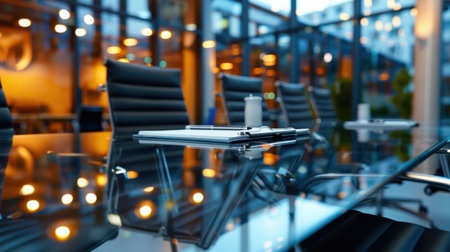 This image captures a modern conference room featuring a glass table and stylish chairs, illuminated by soft evening light. It conveys a professional atmosphere ideal for meetings and collaborative discussions.の素材