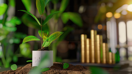 A vibrant young plant emerges from dark soil with gold coins in the background, symbolizing the intersection of nature and financial growth, highlighting sustainability.の素材