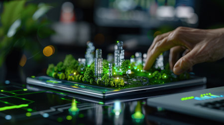This image showcases an advanced urban planning concept featuring a digital model of a sustainable city, highlighting green technology integration and innovative design.の素材