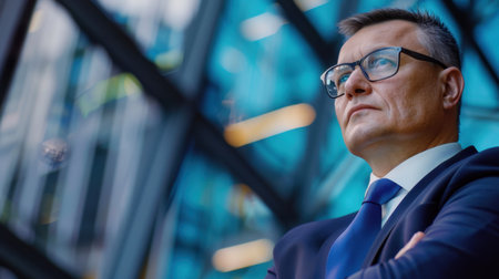 A confident businessman wearing glasses reflects on his future within a modern corporate office. The image captures ambition, professionalism, and strategic thinking in an urban setting.の素材