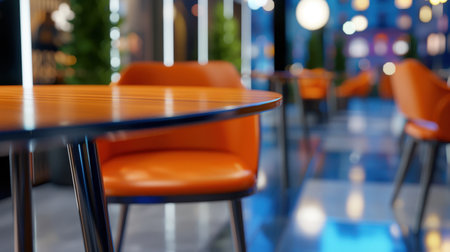 A captivating interior shot of a modern restaurant showcasing stylish orange chairs and a sleek table, highlighting urban vibrancy and inviting ambiance.の素材