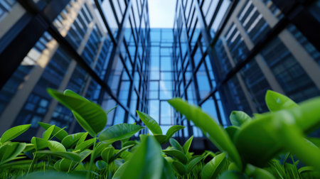 A captivating view of sleek modern buildings framed by vibrant green plants, showcasing a harmonious blend of nature and urban architecture.の素材