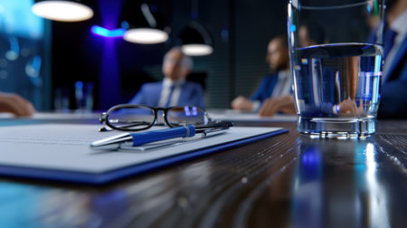 A professional setting featuring a glass of water, eyeglasses, and a pen on a notepad, surrounded by engaged individuals in a business meeting.の素材