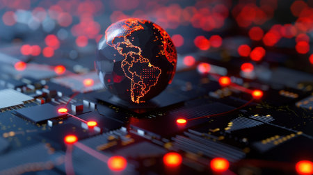 This striking digital artwork features a globe over a circuit board adorned with red lights, symbolizing modern technology and global connectivity.の素材