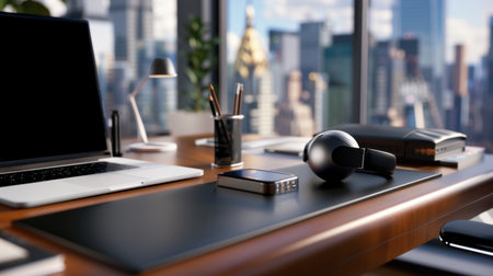 A sleek modern office workspace featuring a laptop, headphones, and stylish accessories against a vibrant city view. Ideal for depicting productivity and creativity.の素材