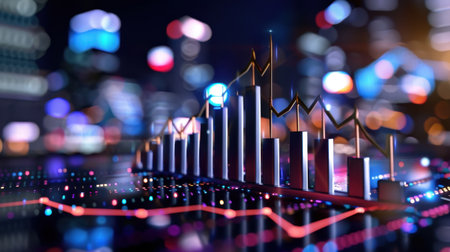A captivating digital illustration showcasing financial data visualization with a bar graph and line chart set against an illuminated urban night backdrop.の素材