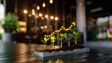 A modern workspace features green plant growth depicted through digital data visualization. The image symbolizes progress and sustainability, capturing the essence of innovation in business and ecology.の素材