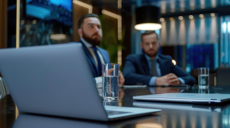 Two businessmen engage in a serious discussion in a modern office space, focusing on strategies while a laptop and a glass of water sit on the table.の素材