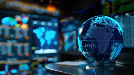 A vibrant digital globe showcasing network connections and data analytics against a high-tech backdrop, symbolizing global business insights and technology.の素材