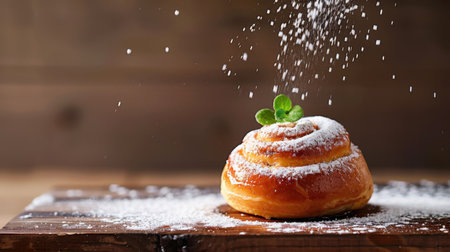 A beautifully presented sweet pastry dusted with powdered sugar and garnished with a fresh mint leaf, set on a wooden table. Perfect for bakery menus and food publications.の素材
