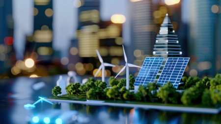 3D visualization of a miniature landscape featuring solar panels and wind turbines amidst an urban skyline, symbolizing renewable energy and sustainable development in modern cities.の素材