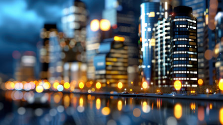 A stunning urban skyline at night featuring modern buildings with vibrant lights reflecting on the water, creating a dynamic and captivating cityscape atmosphere.の素材