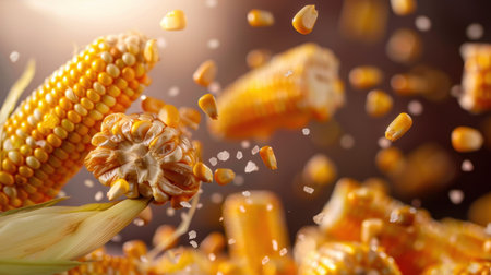 A visually striking image of fresh corn kernels and cob in dynamic motion, perfect for culinary themes, illustrating the essence of freshness and natural ingredients in cooking.の素材