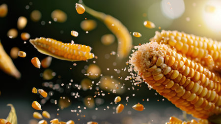 Dynamic image of corn kernels in motion, showcasing their vibrant color and texture, perfect for illustrating healthy food concepts and delicious culinary creations.の素材