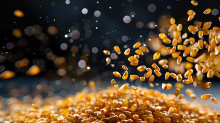 A visually stunning image capturing falling corn kernels, highlighting their vibrant yellow color and unique texture against a blurred dark background with artistic bokeh lights.の素材