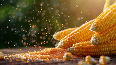 A beautiful close-up of fresh yellow corn with shiny golden kernels showcasing water droplets in soft natural light, resting on a rustic wooden table, perfect for culinary themes.の素材