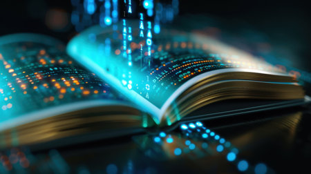 An open book floats amid streams of binary code, representing the fusion of traditional learning and modern technology in a visually stunning composition.の素材