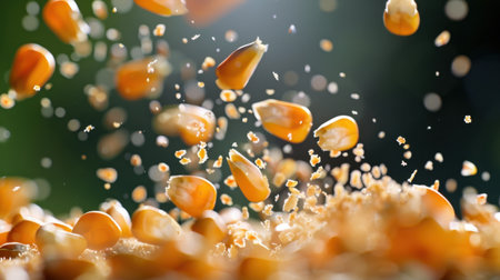 Captivating close-up of corn kernels in dynamic motion with bright natural light highlighting their texture and freshness, perfect for culinary or agricultural themes.の素材