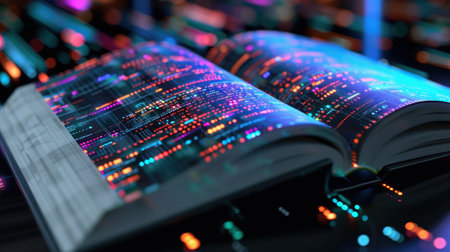 An open book filled with vibrant data streams symbolizes the fusion of technology and knowledge, highlighting the evolving landscape of information sharing in the digital age.の素材
