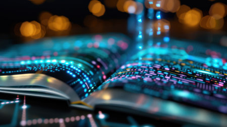 An open book illuminated by vibrant digital waves and floating lights, representing a fusion of traditional learning and modern technology for an engaging educational experience.の素材