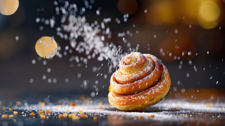 A mouthwatering cinnamon roll sits on a dark surface, dusted with powdered sugar, surrounded by soft bokeh lights, creating a cozy and inviting food scene perfect for culinary enthusiasts.の素材