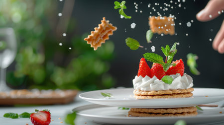 This stunning dessert features layers of crisp wafers with whipped cream, fresh strawberries, and mint, creating an appealing and delicious treat ideal for any occasion.の素材