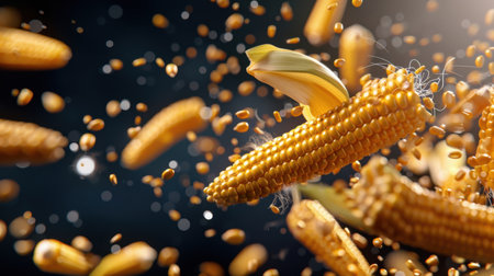 Explore the energetic movement of corn kernels in mid-air, celebrating the agricultural beauty and the delicious potential of this staple crop in captivating visuals.の素材