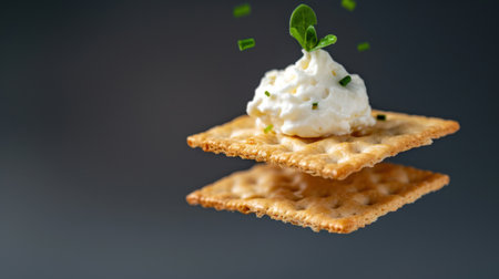 Mouthwatering image of crispy crackers stacked with a generous dollop of creamy cheese topped with vibrant greens, perfect for food lovers and culinary enthusiasts.の素材