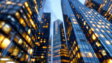 Capture the essence of urban life with this stunning image of modern skyscrapers adorned with illuminated windows at dusk, showcasing a vibrant city atmosphere.の素材