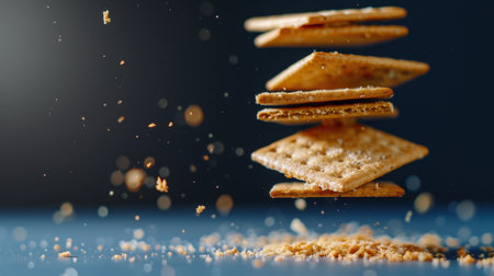 This dynamic image showcases floating crackers against a blue background, highlighting their texture and movement, perfect for food-related themes and creative projects.の素材