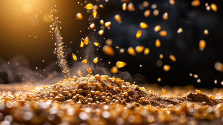 A captivating display of golden corn kernels falling gracefully against a dark background, illuminated by warm light, showcasing the beauty and texture of agricultural produce.の素材