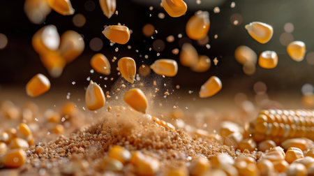 A striking close-up image capturing the vibrant yellow corn kernels falling against a textured wooden surface, showcasing the beauty of natural ingredients in a culinary setting.の素材