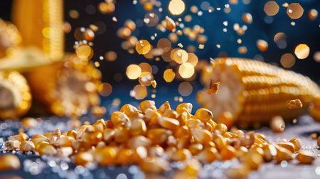 This captivating image captures popcorn kernels with a sprinkling of corn grains, set against a backdrop of blurred lights and corn cobs, perfect for food enthusiasts and culinary projects.の素材
