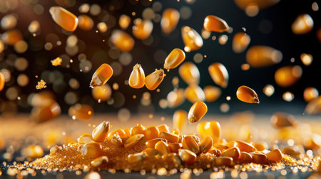 Dynamic composition of corn kernels falling onto a sugary base, creating a visually appealing scene perfect for culinary and agricultural projects with vibrant lighting and texture.の素材