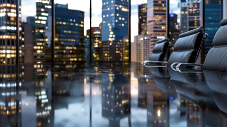 A modern conference room features elegant black chairs and a reflective glass table, offering a stunning view of a city skyline at dusk, creating a professional ambiance.の素材